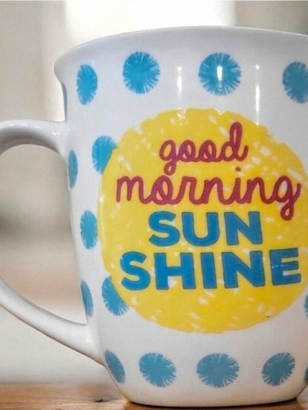 Oversized Ciroa Good Morning Sunshine Mug. Blue Polka Dots. Bone China. 15 Oz.